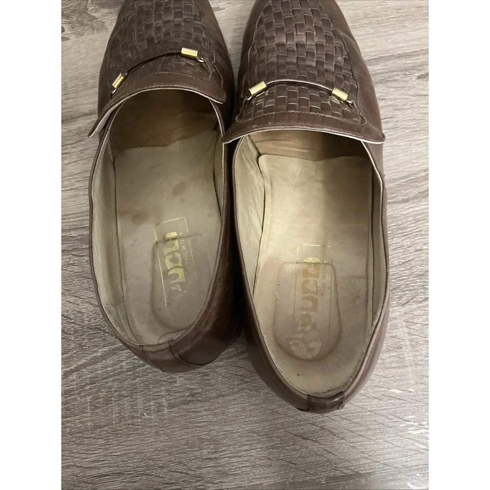 Pucci Loafers Mens 10 Brown Woven Leather Gold Bar Slip On Made in Italy Vintage